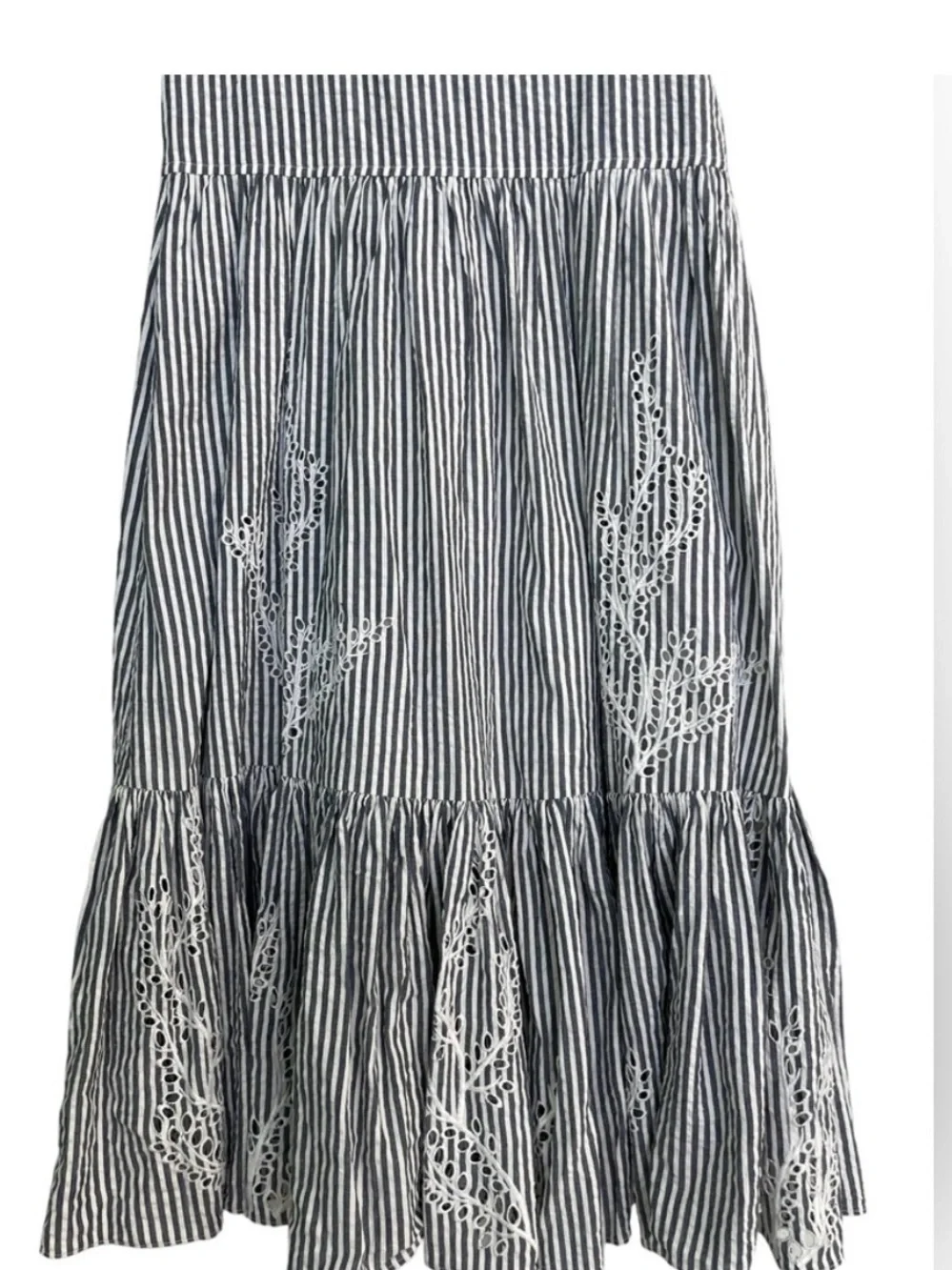 Tory Burch Striped Ruffle Midi Dress, embroidery on lower half, size 4